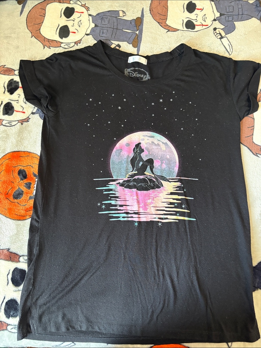 Disney Black Tee with Pastel Moonlit Little Mermaid Graphic Size Small.